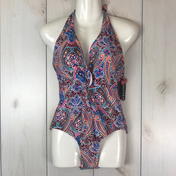 Jantzen Other - NWT Jantzen Orange Paisley Plunge Neck Swimsuit 12
